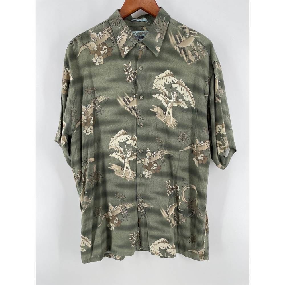 Campia Hawaiian Shirt Mens Large Green Hula‎ Girl Palm Tree Rayon Button Front